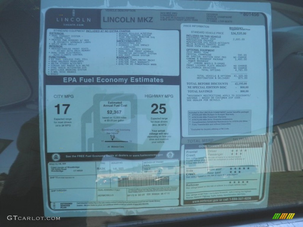 2012 Lincoln MKZ AWD Window Sticker Photo #52819484
