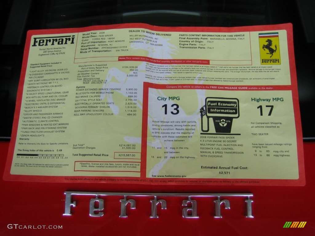 2006 Ferrari F430 Spider Window Sticker Photo #52855794