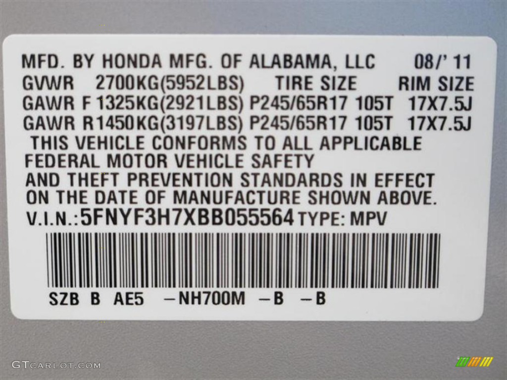 2011 Pilot Color Code NH700M for Alabaster Silver Metallic Photo #52857861