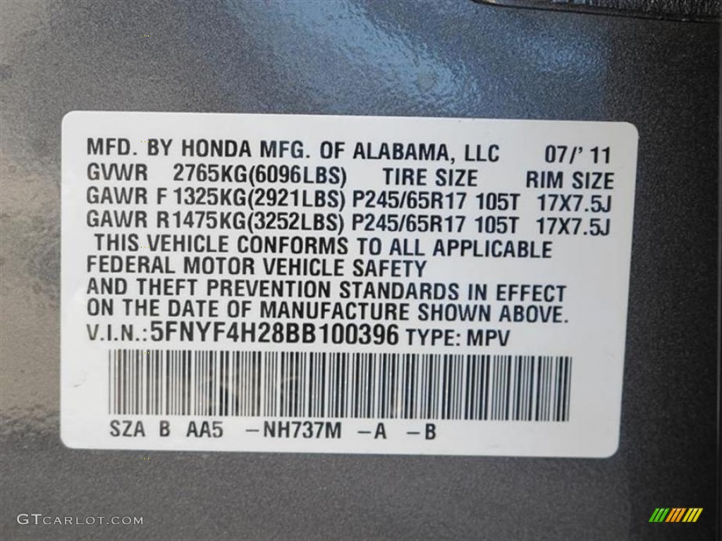 2011 Honda Pilot LX 4WD Color Code Photos