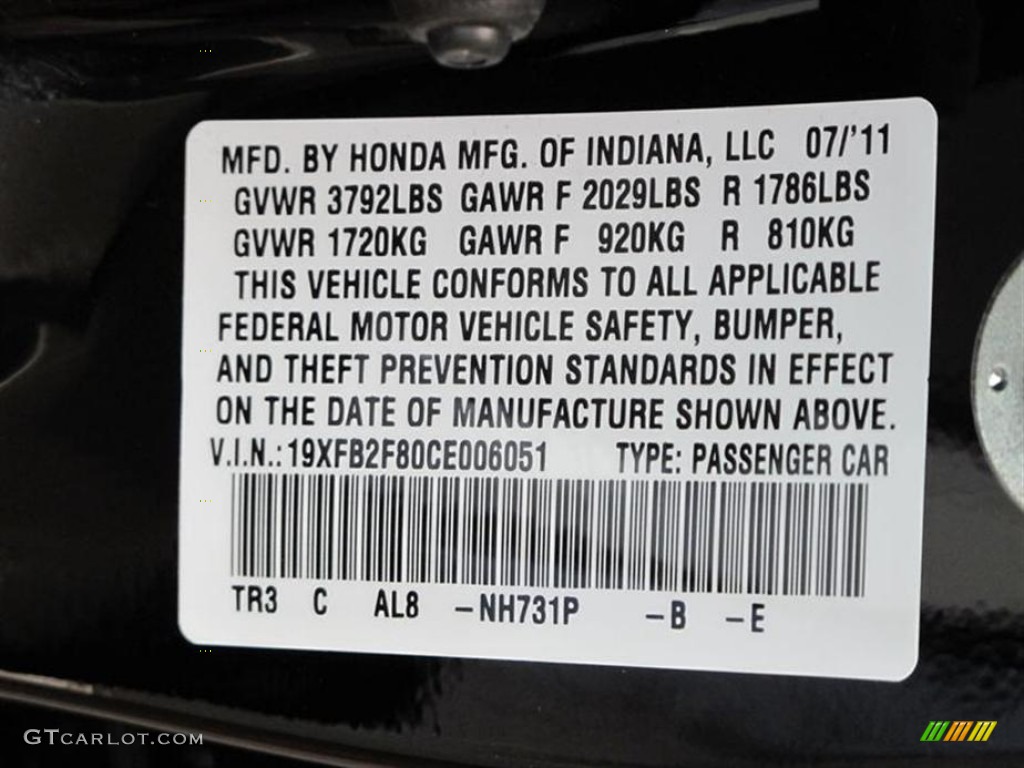 2012 Civic Color Code NH731P for Crystal Black Pearl Photo #52861266