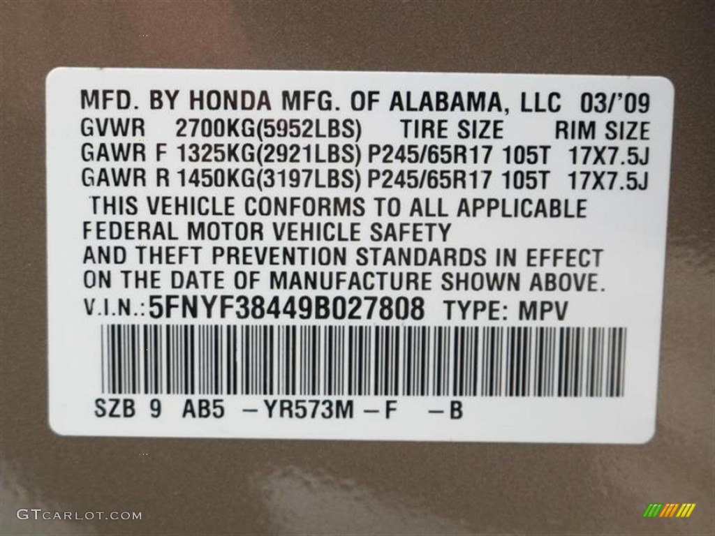 2009 Honda Pilot EX Color Code Photos