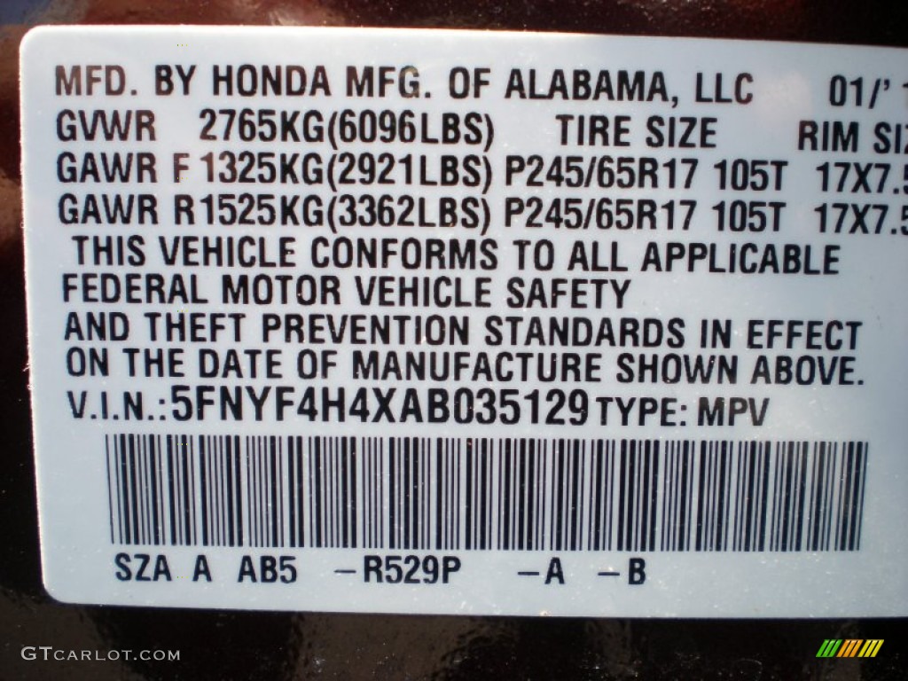 2010 Pilot Color Code R529P for Dark Cherry Pearl Photo #52884009
