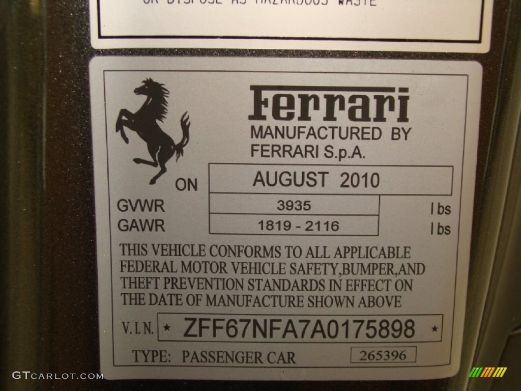 2010 Ferrari 458 Italia Info Tag Photo #52886649