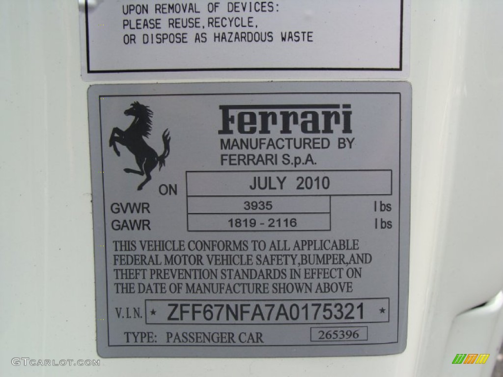 2010 Ferrari 458 Italia Info Tag Photo #52888155