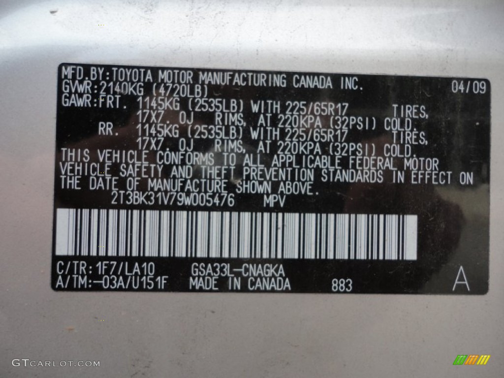 2009 RAV4 Color Code 1F7 for Classic Silver Metallic Photo #52888908