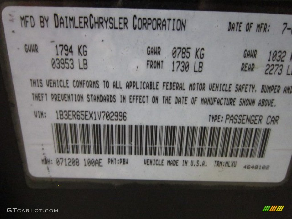 2001 Dodge Viper RT-10 Color Code Photos