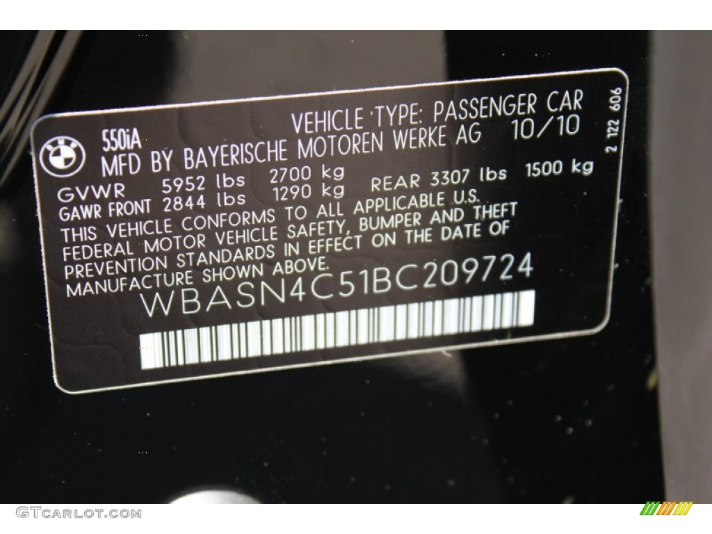 2011 BMW 5 Series 550i Gran Turismo Info Tag Photo #52908840
