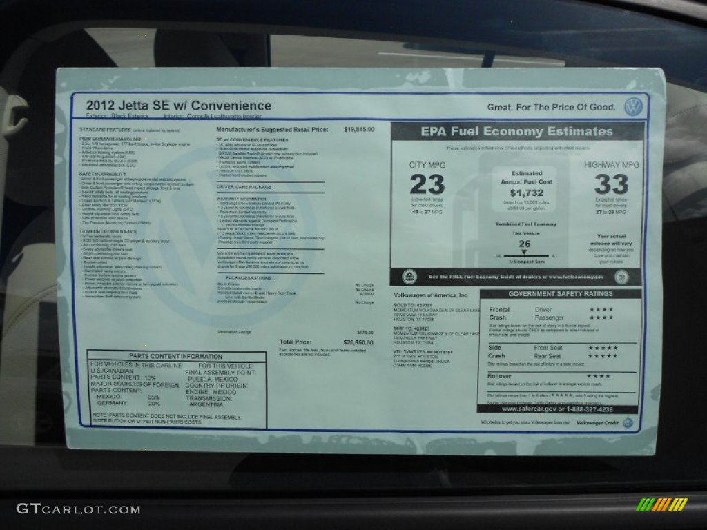 2012 Volkswagen Jetta SE Sedan Window Sticker Photo #52914303
