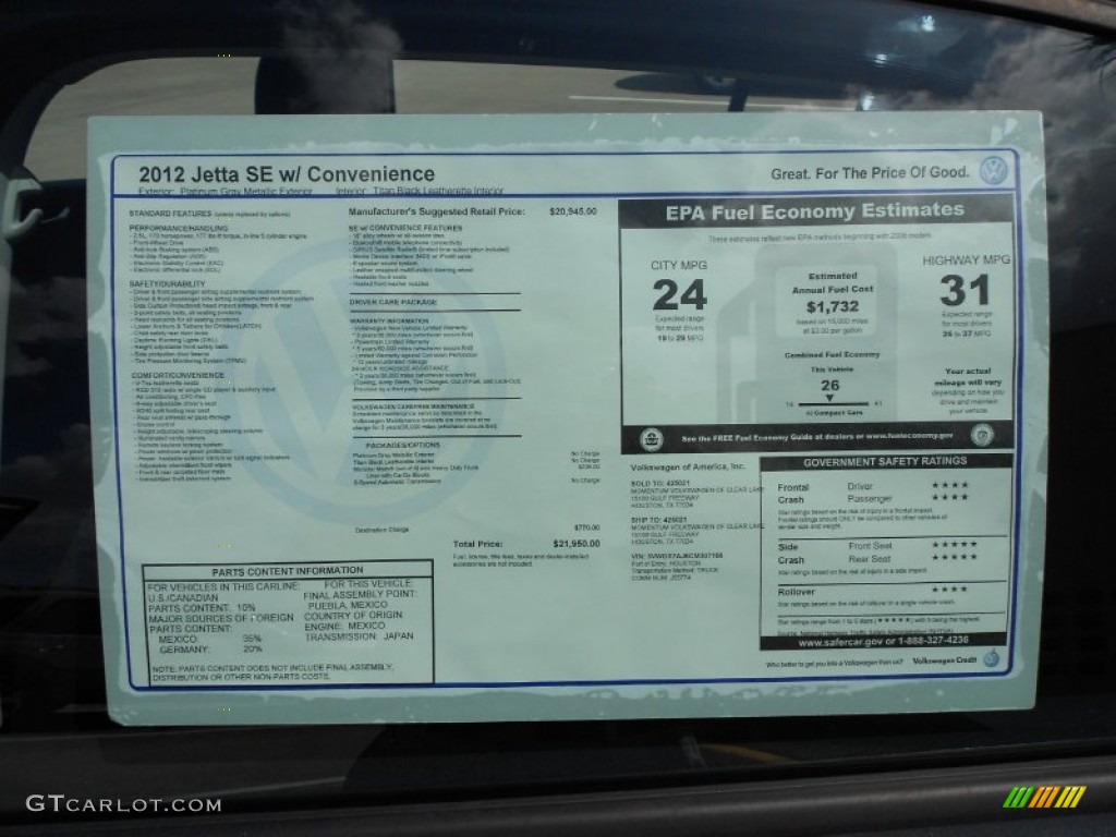 2012 Volkswagen Jetta SE Sedan Window Sticker Photo #52914999
