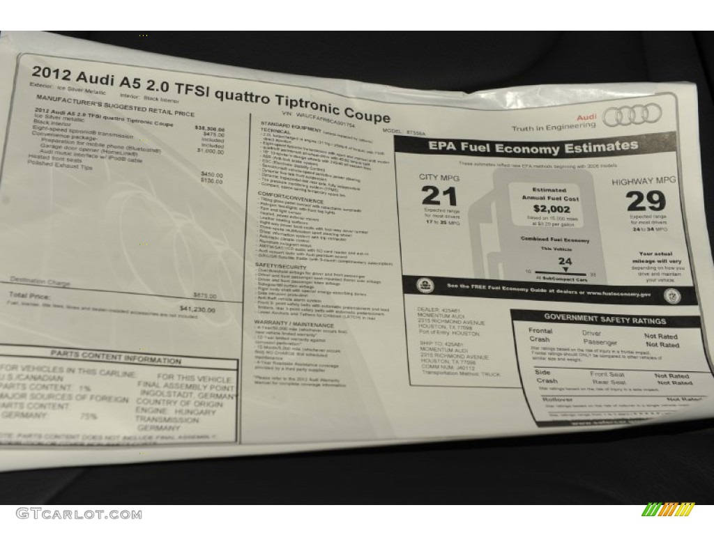 2012 Audi A5 2.0T quattro Coupe Window Sticker Photo #52945473