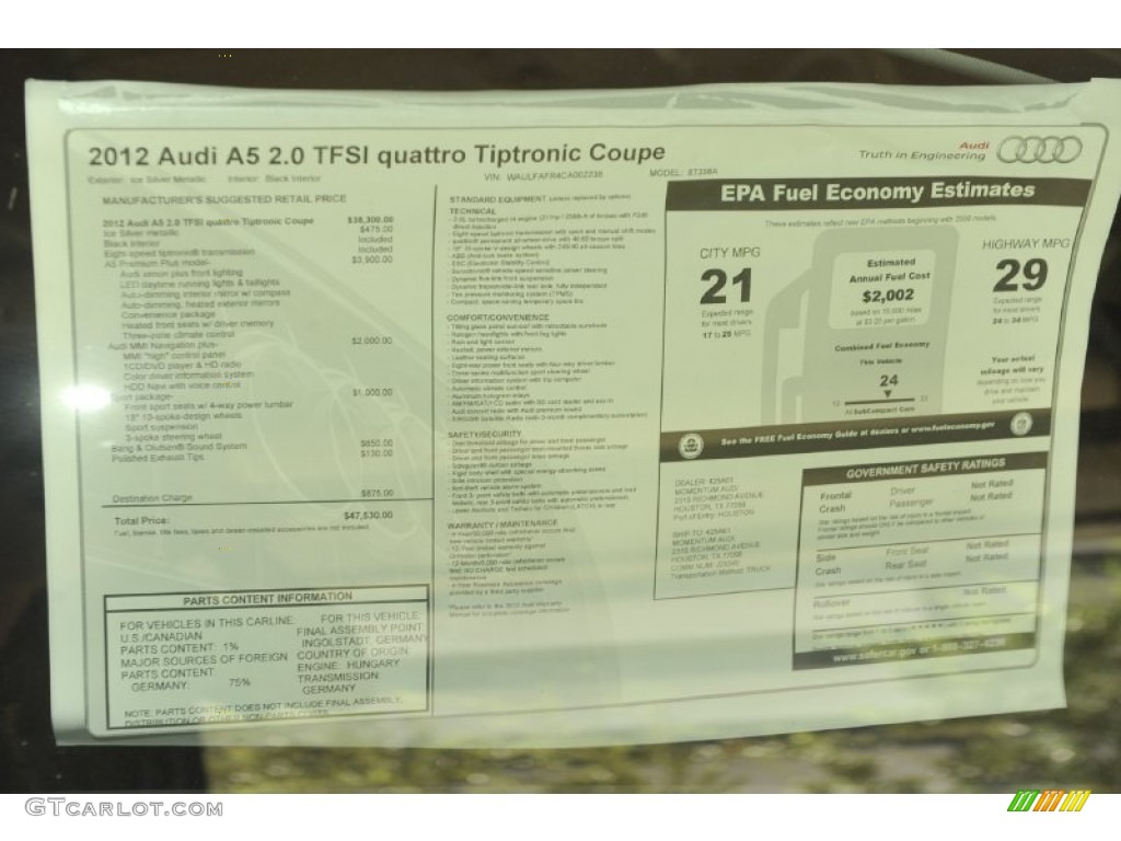 2012 Audi A5 2.0T quattro Coupe Window Sticker Photo #52945923