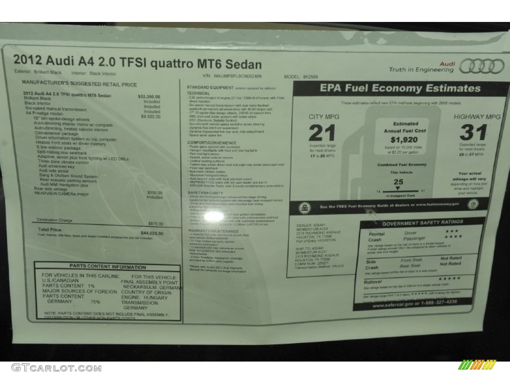 2012 Audi A4 2.0T quattro Sedan Window Sticker Photo #52949394