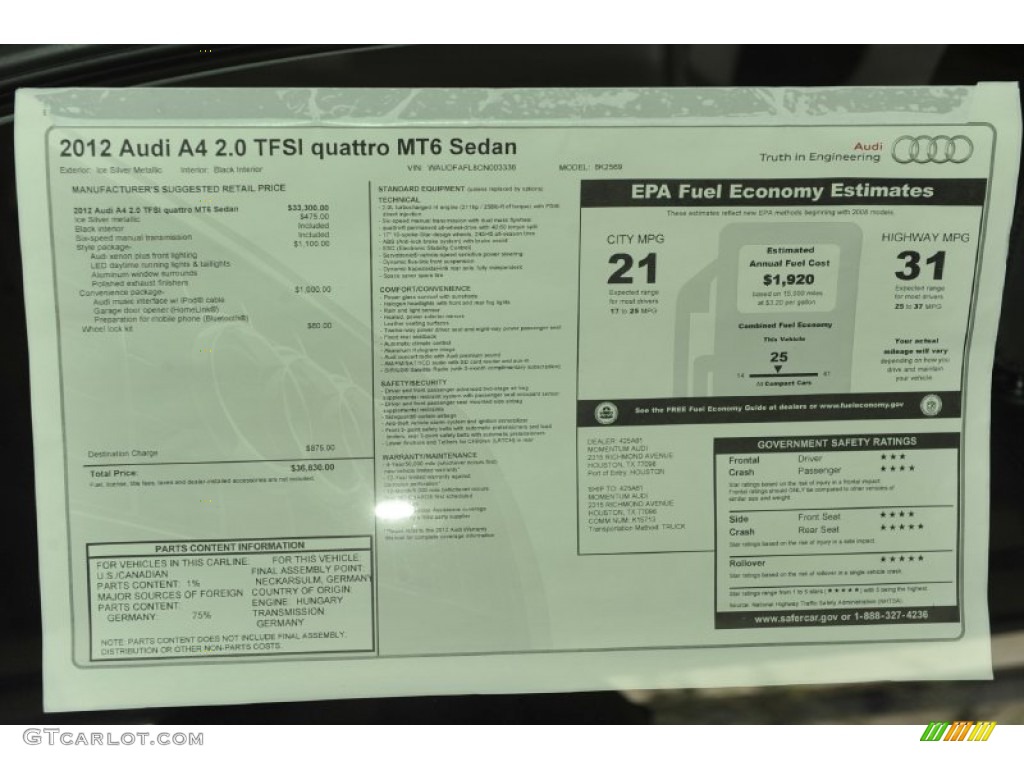 2012 Audi A4 2.0T quattro Sedan Window Sticker Photo #52949835