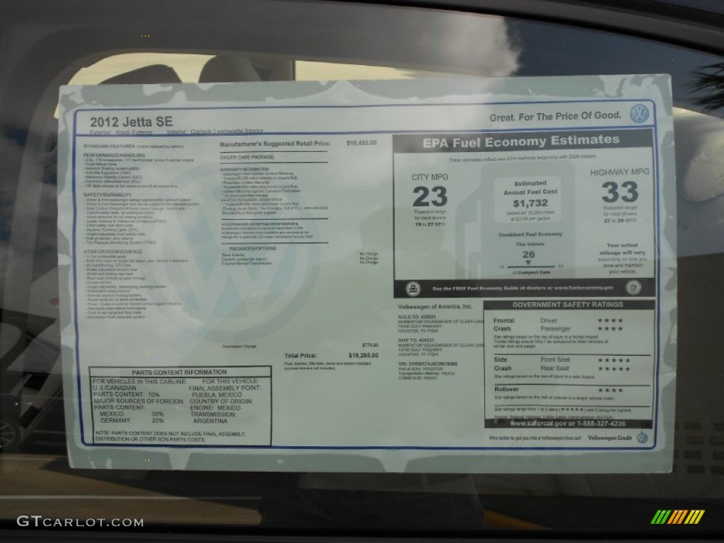 2012 Volkswagen Jetta SE Sedan Window Sticker Photo #52949985