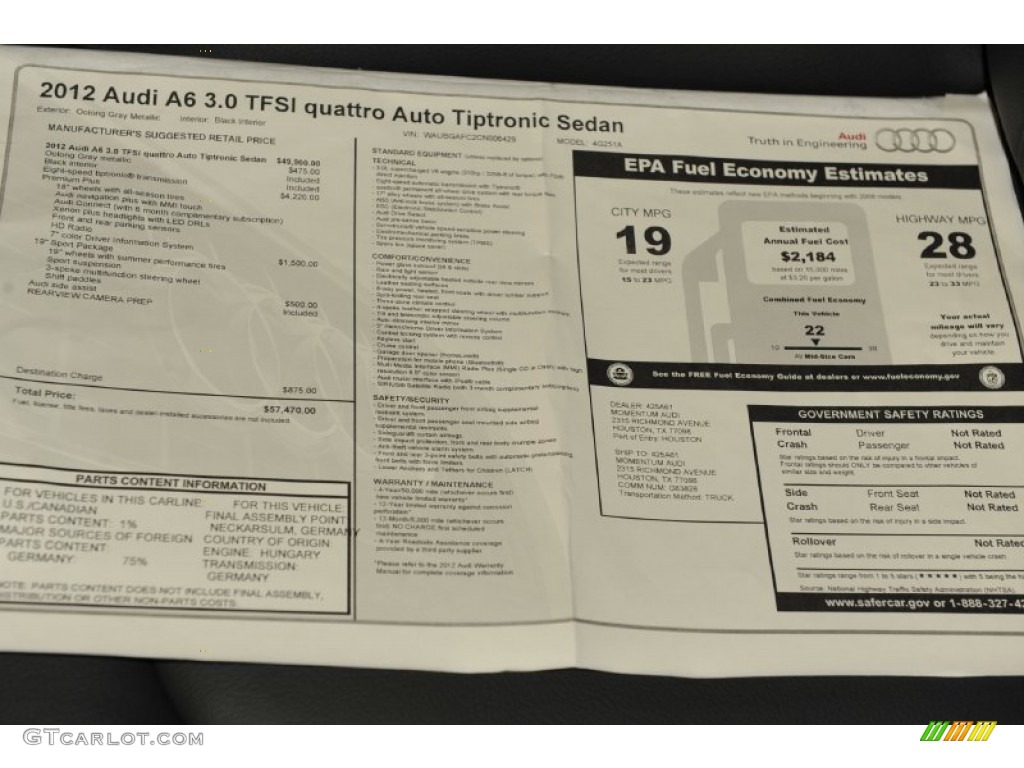 2012 Audi A6 3.0T quattro Sedan Window Sticker Photo #52950276