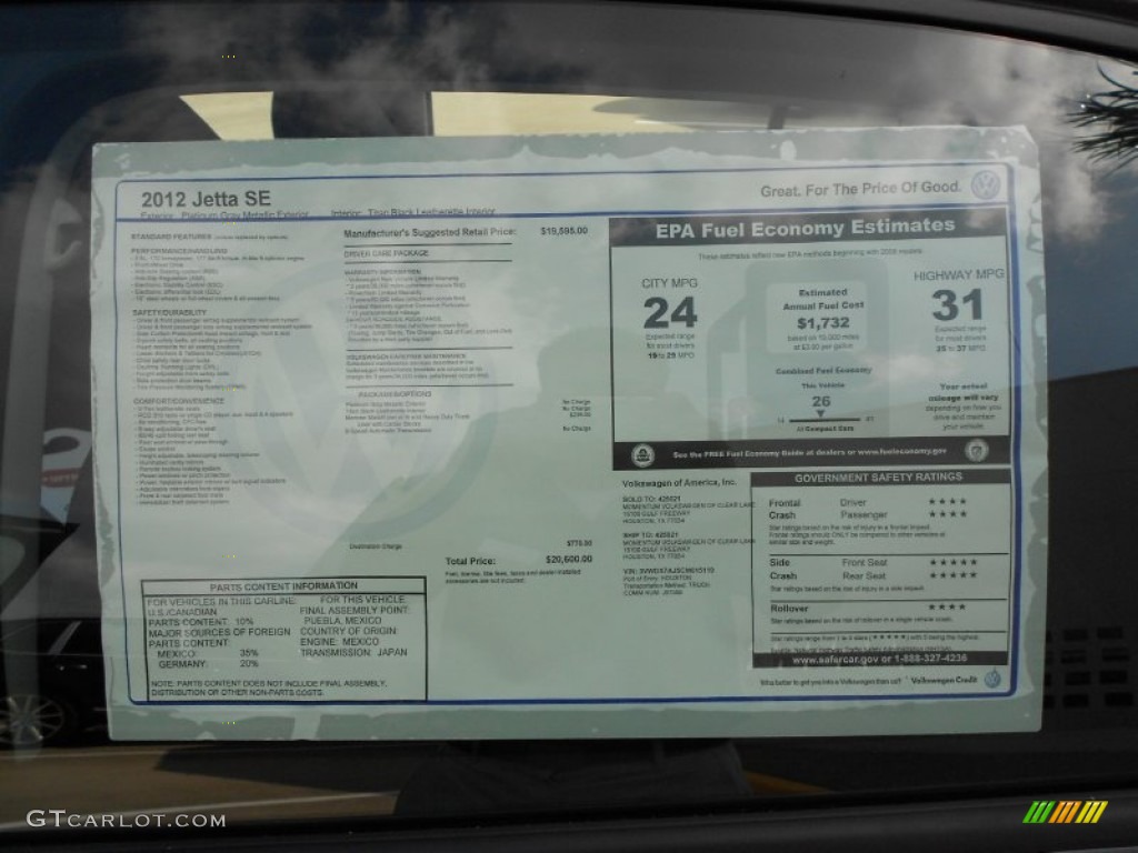 2012 Volkswagen Jetta SE Sedan Window Sticker Photo #52950753