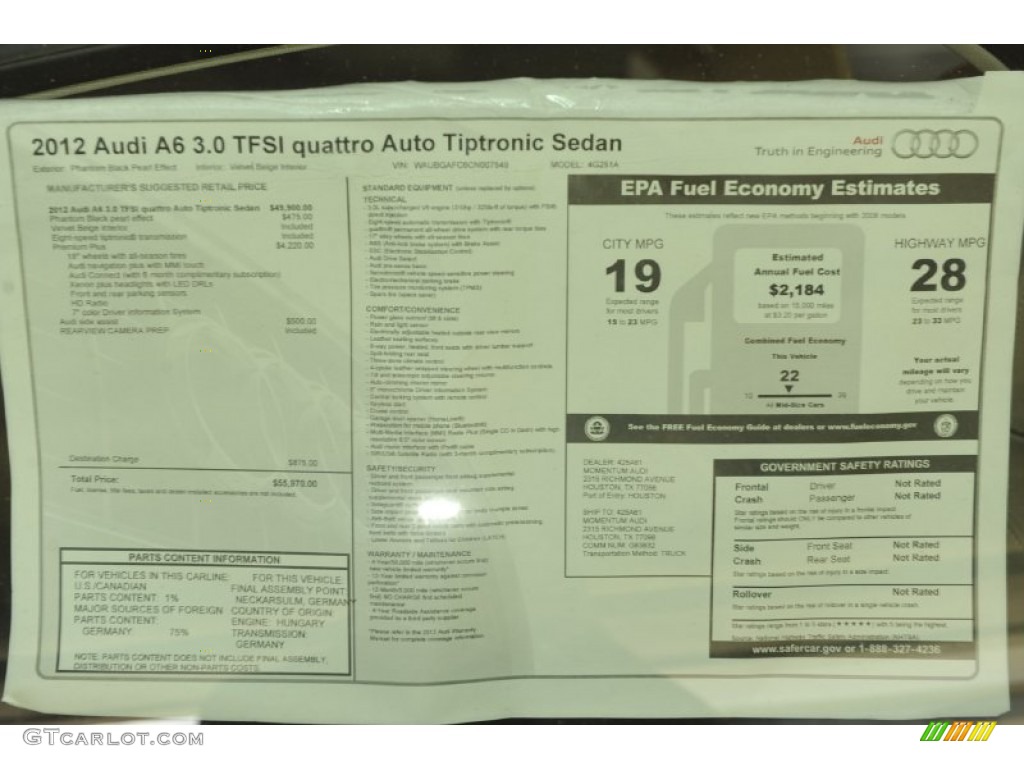 2012 Audi A6 3.0T quattro Sedan Window Sticker Photo #52951344