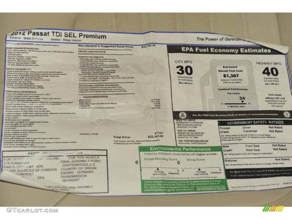 2012 Volkswagen Passat TDI SEL Window Sticker Photo #52963527