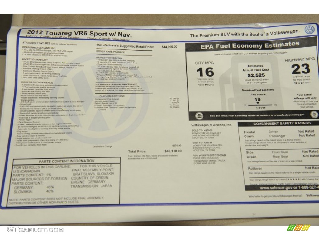 2012 Volkswagen Touareg VR6 FSI Sport 4XMotion Window Sticker Photo #52963917