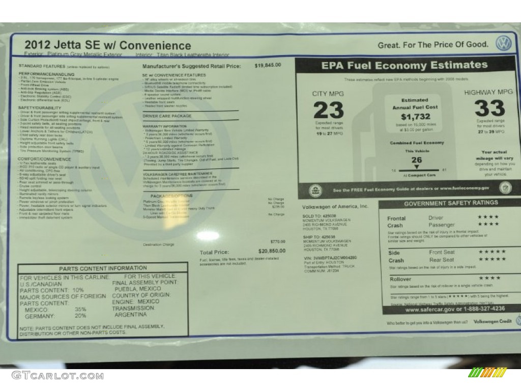 2012 Jetta SE Sedan - Platinum Gray Metallic / Titan Black photo #29