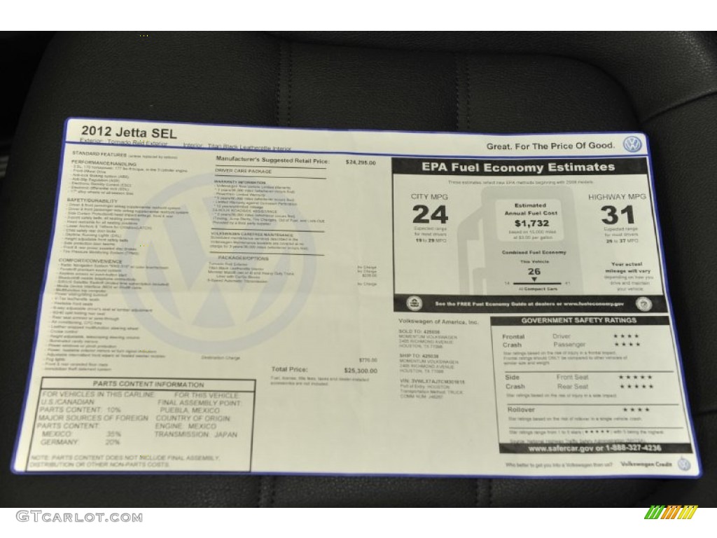 2012 Volkswagen Jetta SEL Sedan Window Sticker Photo #52965603