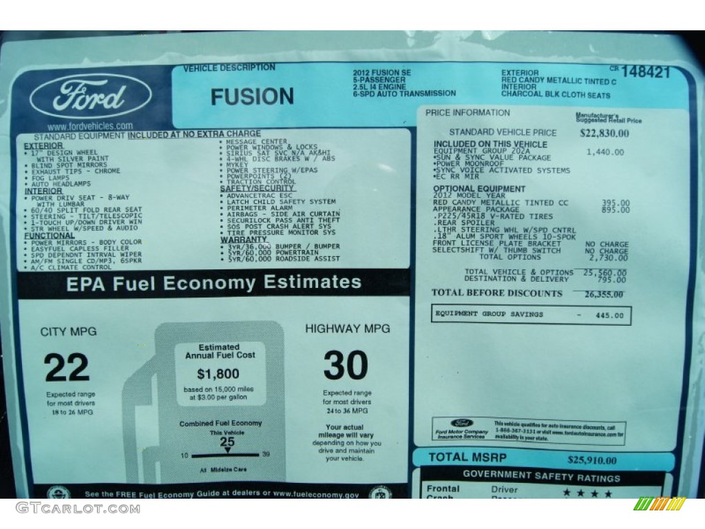 2012 Ford Fusion SE Window Sticker Photo #52972225
