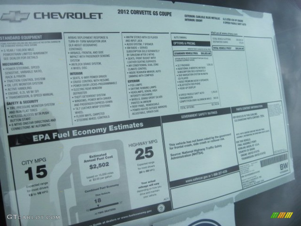 2012 Chevrolet Corvette Grand Sport Coupe Window Sticker Photo #52975876