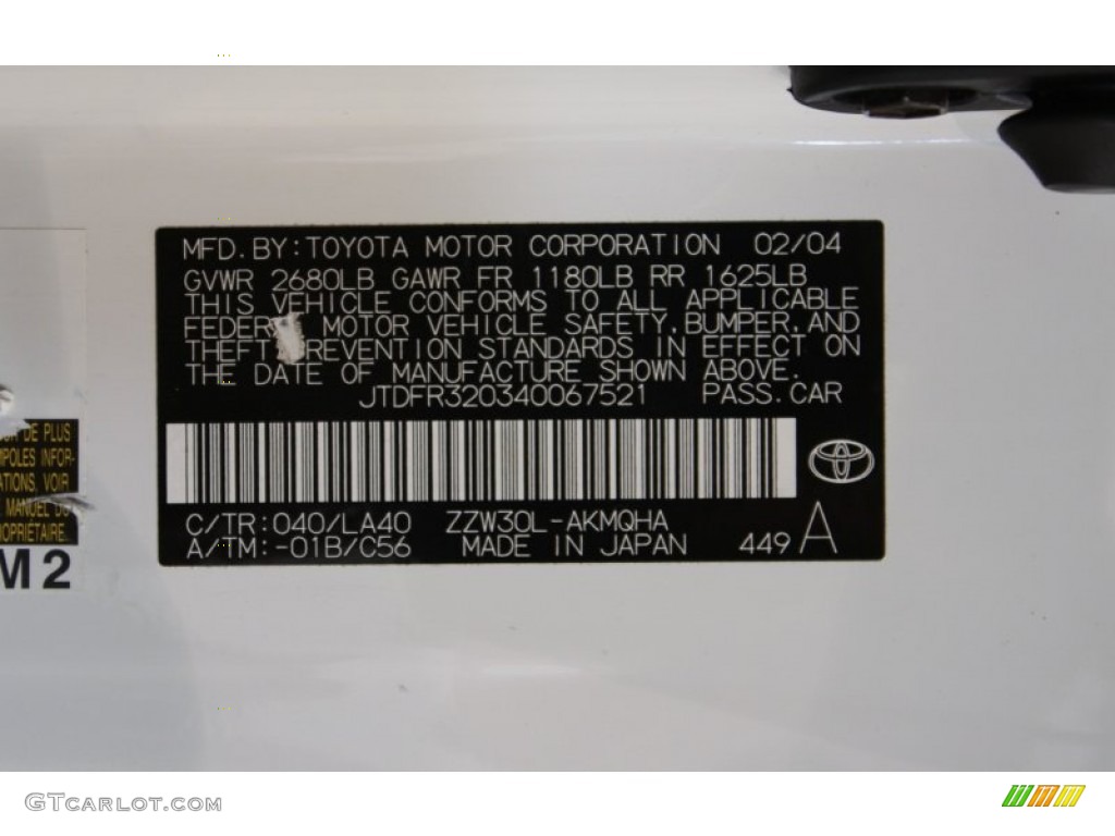 2004 MR2 Spyder Color Code 040 for Super White Photo #52980787