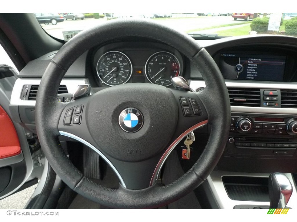 2010 BMW 3 Series 335i Convertible Coral Red/Black Dakota Leather Steering Wheel Photo #52984627