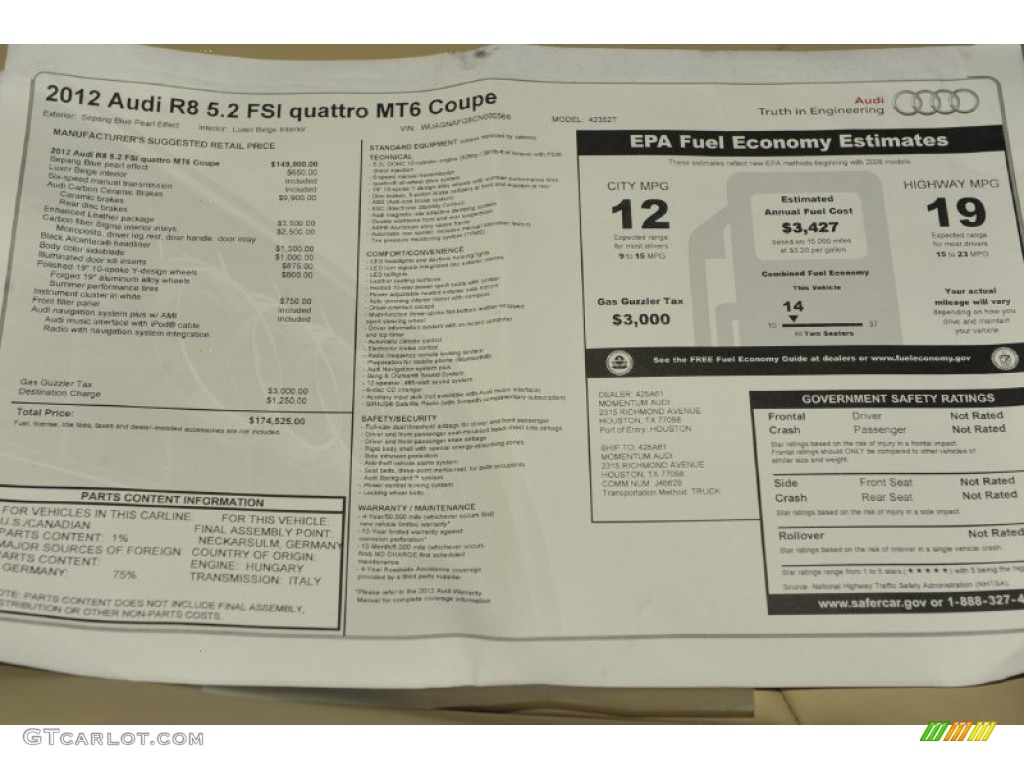 2012 Audi R8 5.2 FSI quattro Window Sticker Photo #52998478