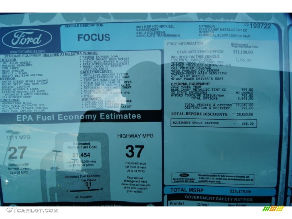2012 Ford Focus SEL 5-Door Window Sticker Photo #53000299