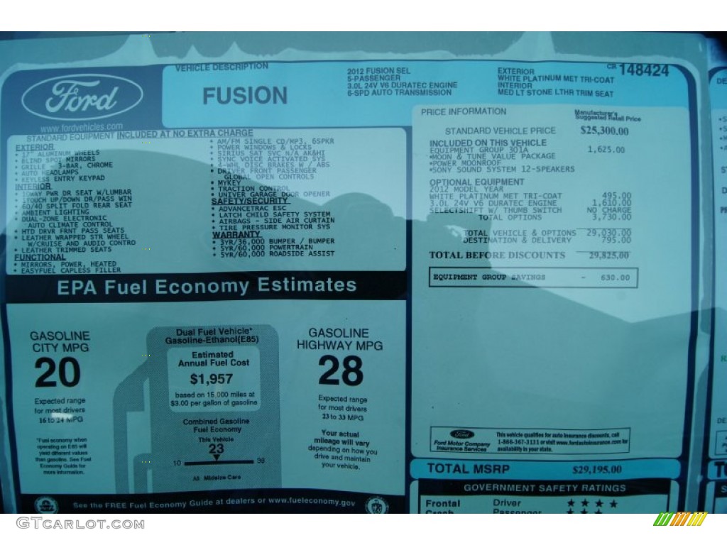 2012 Ford Fusion SEL V6 Window Sticker Photo #53020922