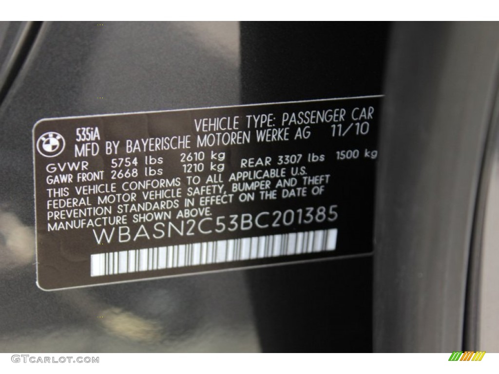 2011 BMW 5 Series 535i Gran Turismo Info Tag Photo #53023580