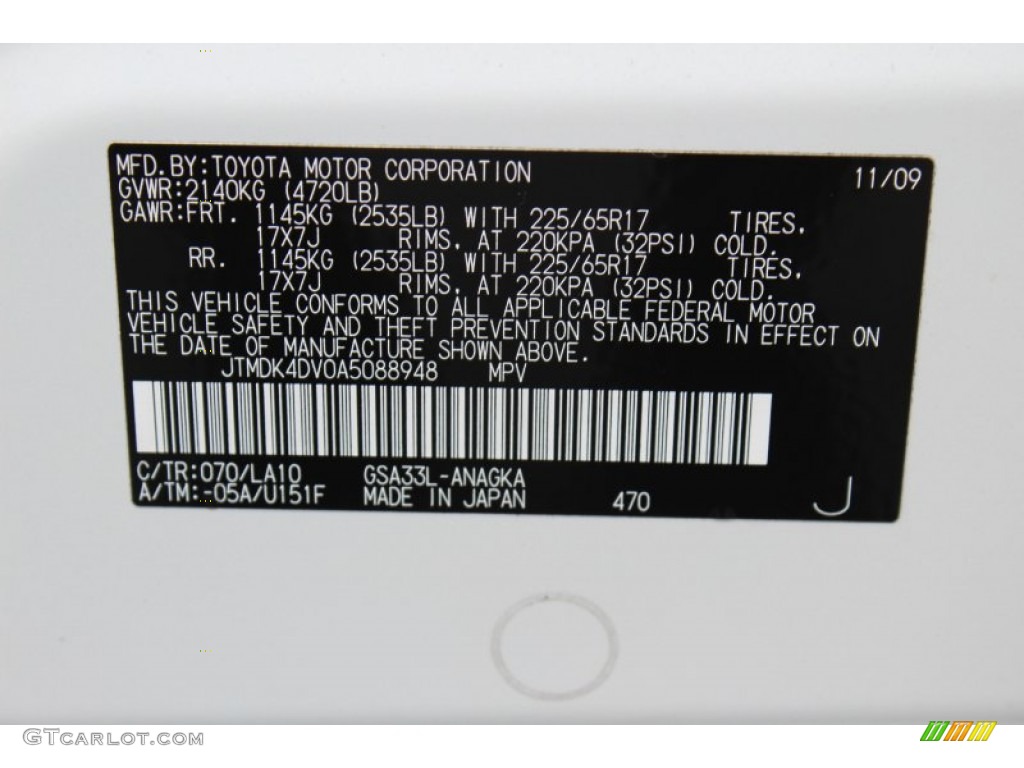 2010 RAV4 Color Code 070 for Blizzard White Pearl Photo #53025122