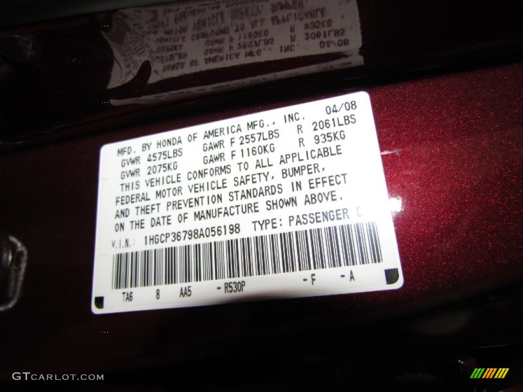 2008 Accord Color Code R530P for Basque Red Pearl Photo #53026883