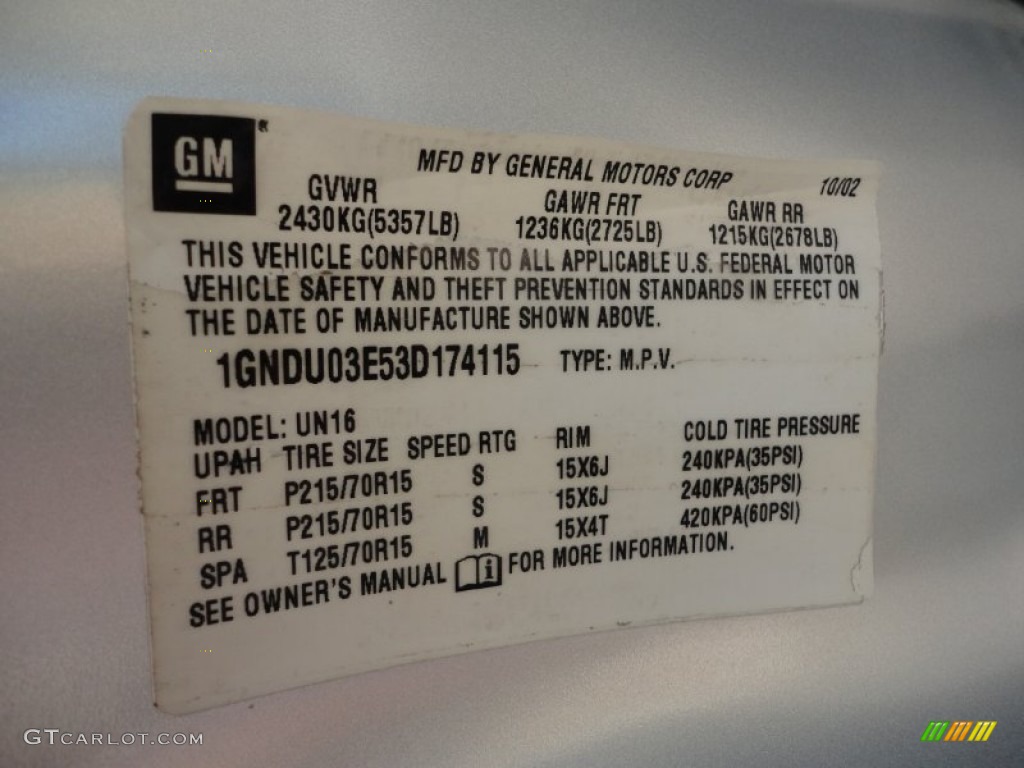 2003 Chevrolet Venture LS Info Tag Photos