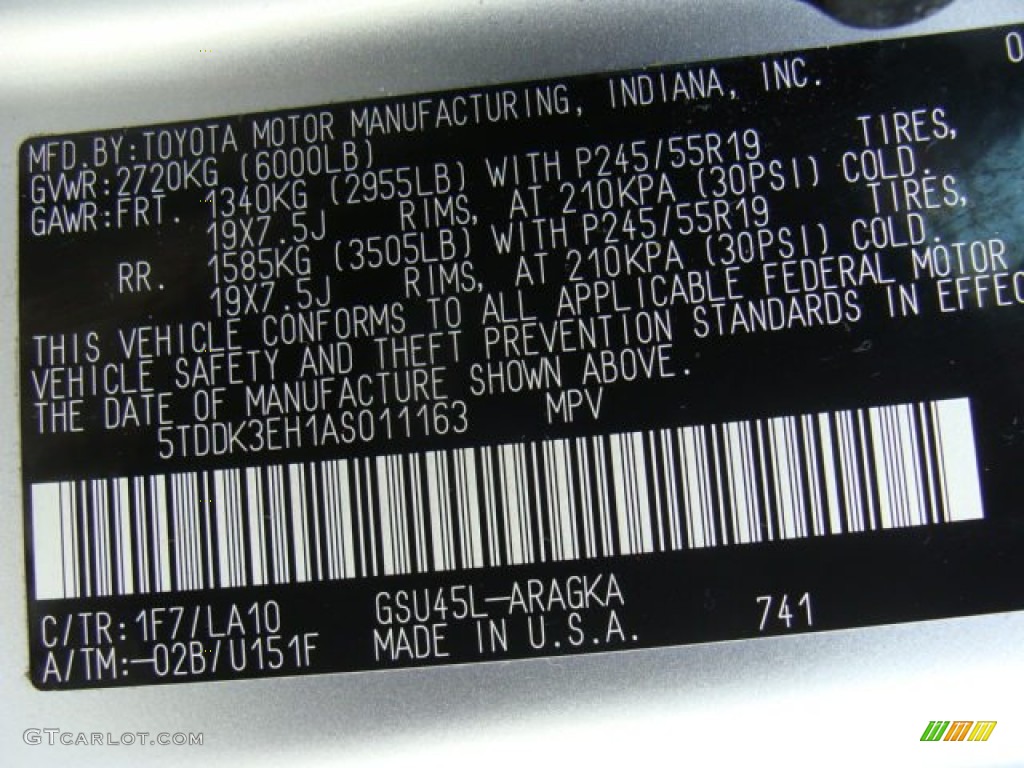 2010 Highlander Color Code 1F7 for Classic Silver Metallic Photo #53065531