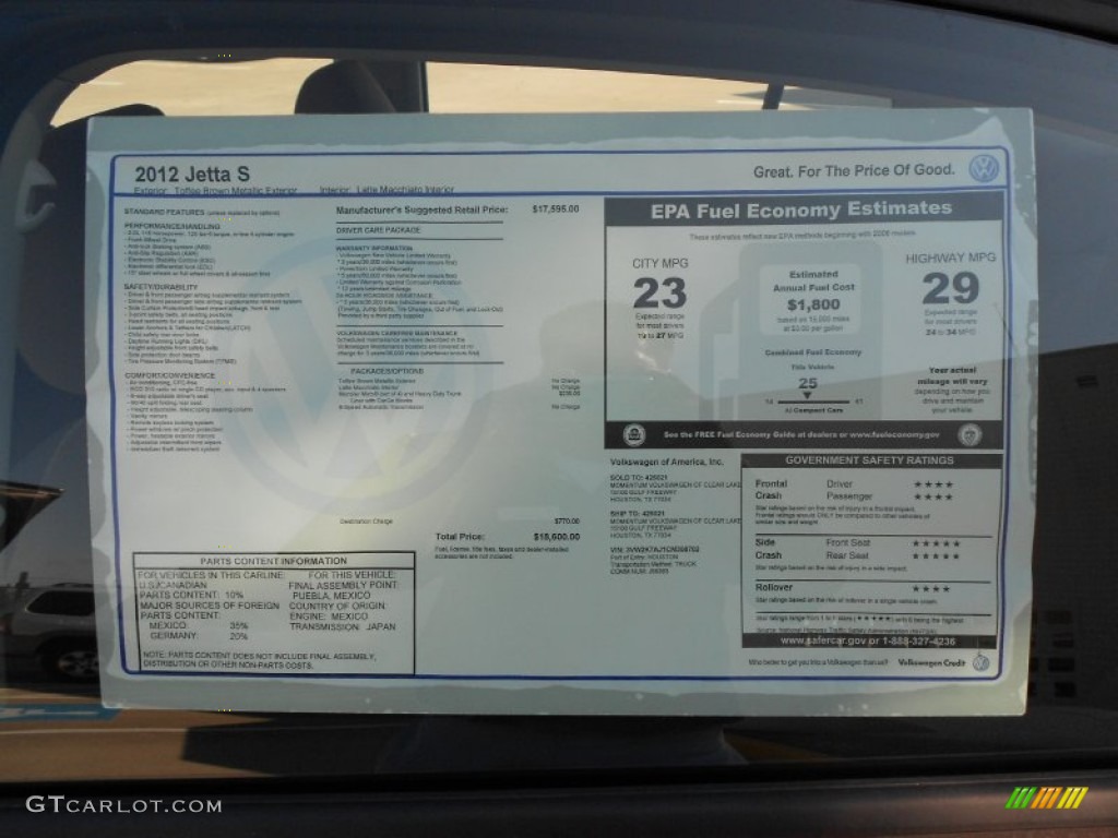 2012 Volkswagen Jetta S Sedan Window Sticker Photo #53090276
