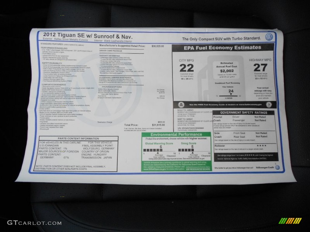 2012 Volkswagen Tiguan SE Window Sticker Photo #53091284