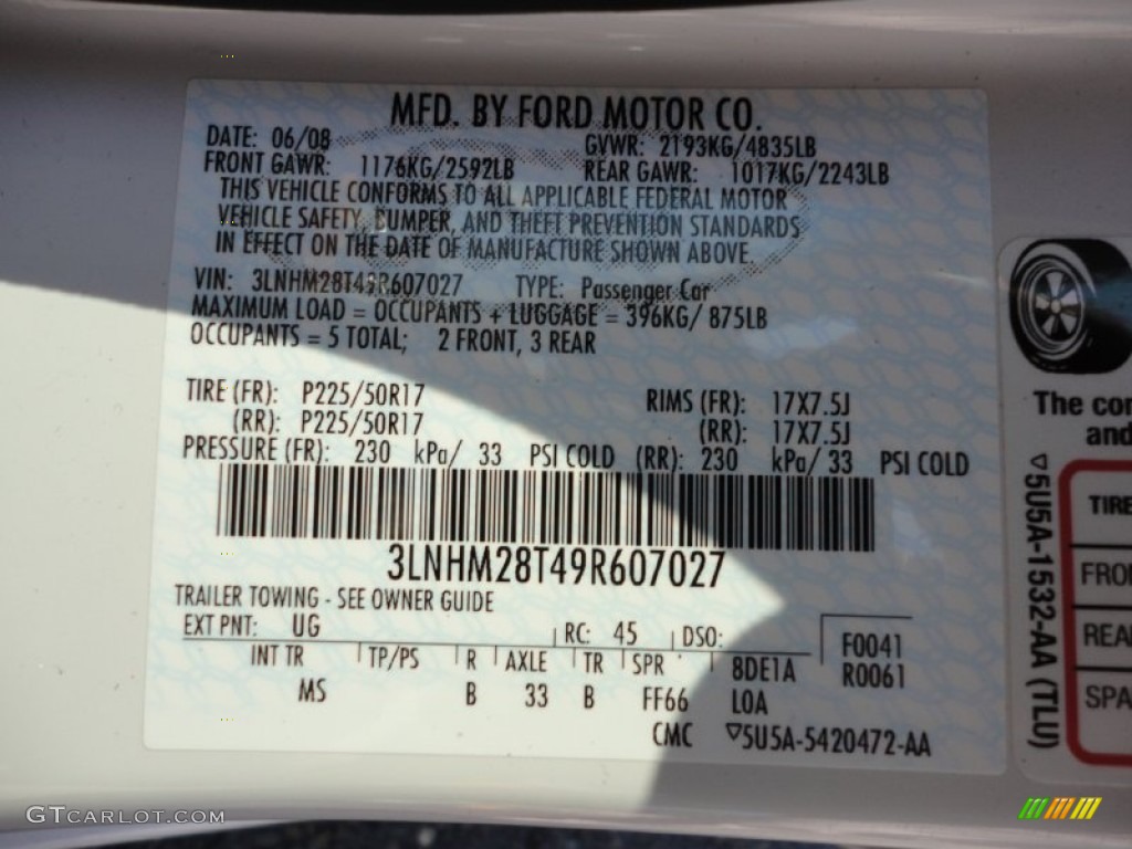 2009 MKZ Color Code UG for White Platinum Tri-Coat Photo #53092313