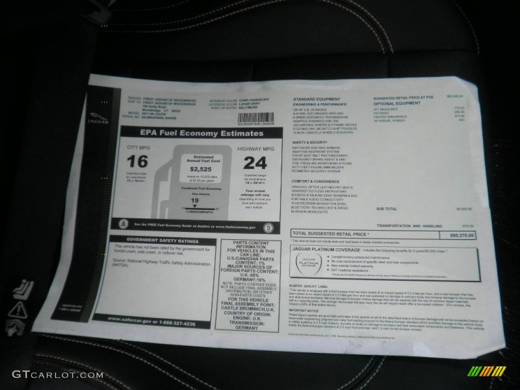 2011 Jaguar XK XK Coupe Window Sticker Photo #53130598