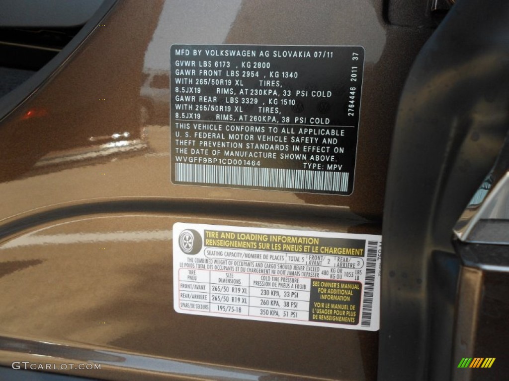 2012 Volkswagen Touareg VR6 FSI Lux 4XMotion Info Tag Photo #53137240