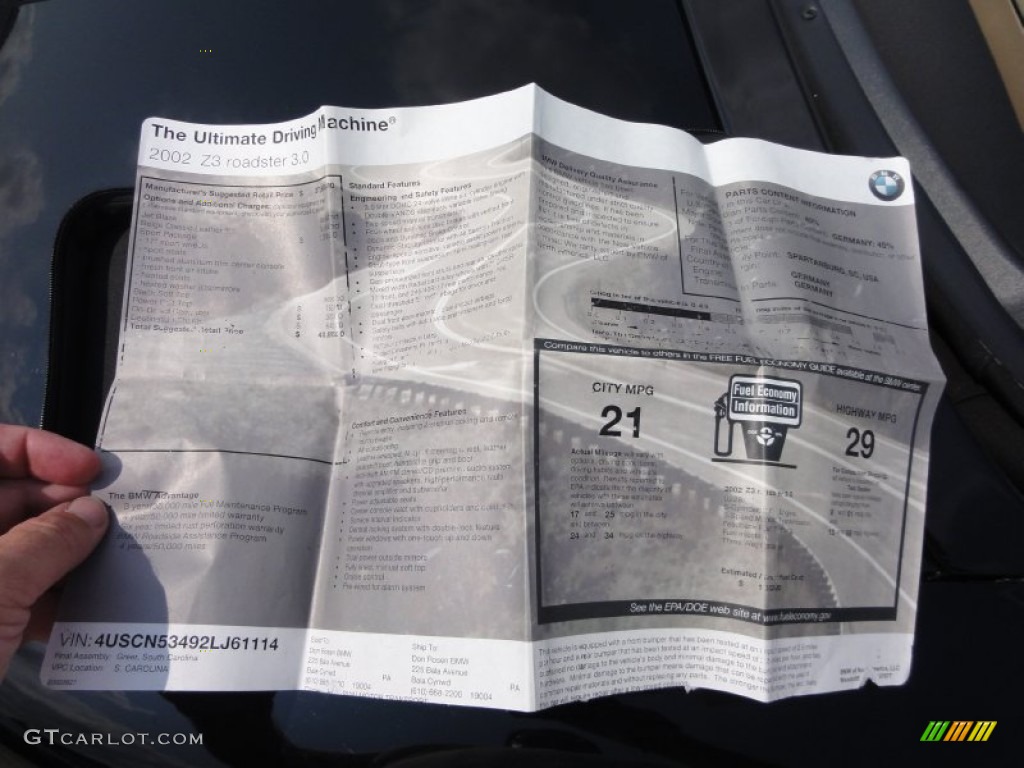 2002 BMW Z3 3.0i Roadster Window Sticker Photo #53150169