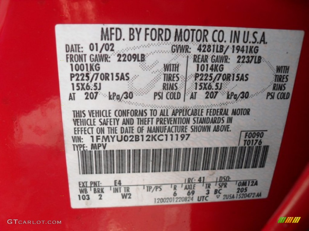 2002 Ford Escape XLS 4WD Color Code Photos