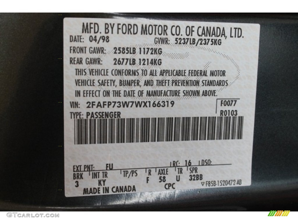 1998 Ford Crown Victoria Sedan Color Code Photos