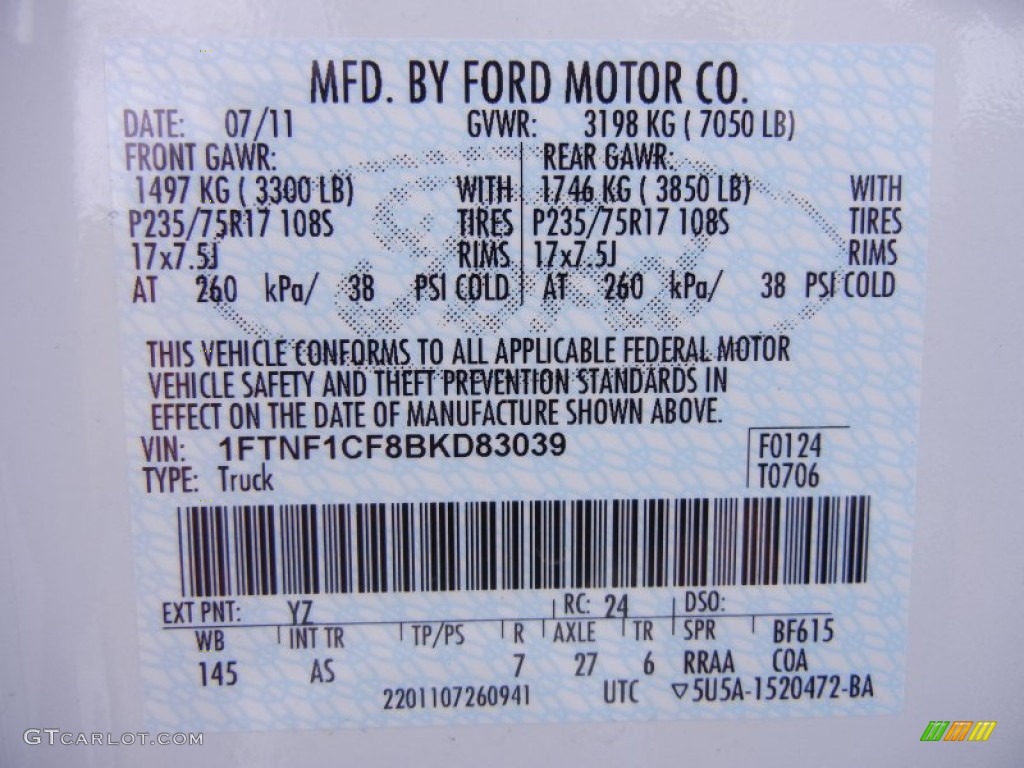 2011 F150 Color Code YZ for Oxford White Photo #53178833
