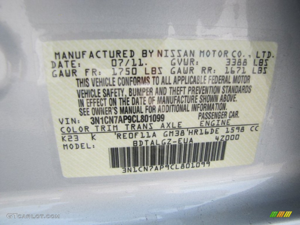 2012 Versa Color Code K23 for Brilliant Silver Metallic Photo #53179352