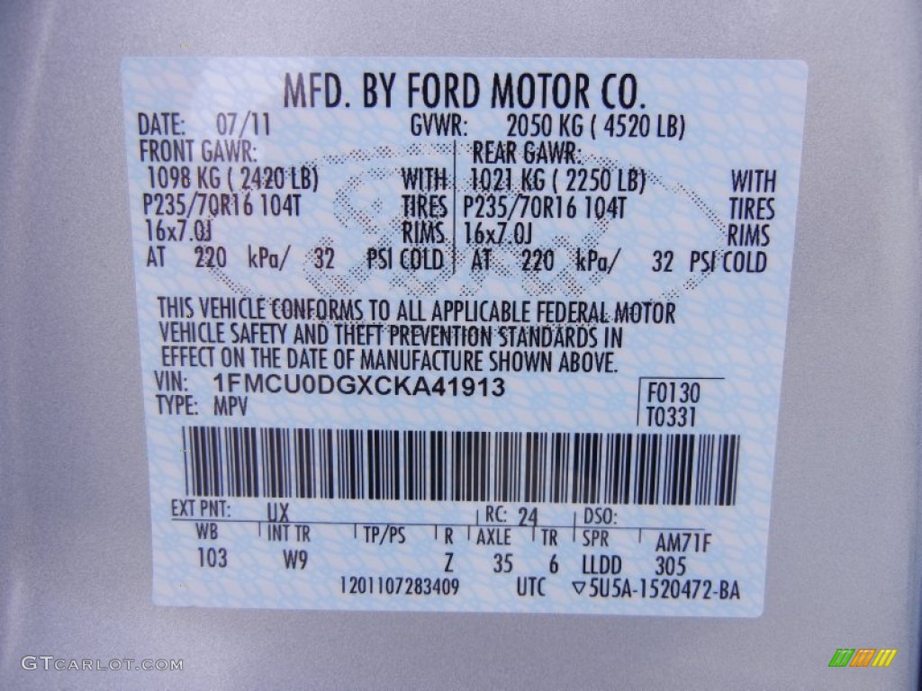 2012 Escape Color Code UX for Ingot Silver Metallic Photo #53179547