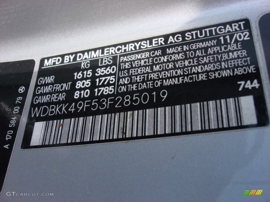 2003 SLK Color Code 744 for Brilliant Silver Metallic Photo #53201858